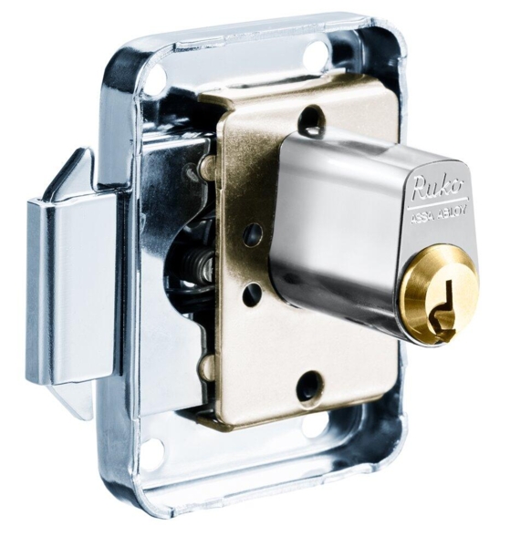 RB1632 Furniture lock with end plate and ring glossy chrome.