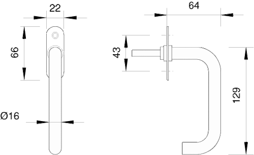Scandinavia passande handtag U-form 16 mm med rosett i rostfritt stål