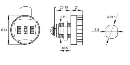 Siso kodelås  Ø44MM sort/grå 19x16 mm med 15 mm gevindlængde.