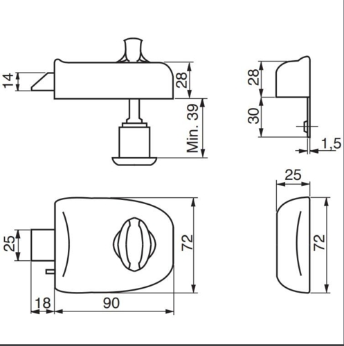 RB1623 Box lock with cylinder and end plate, black with Glossy chrome cylinder