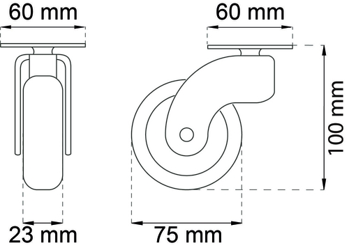 MØBELHJUL SVINGBART M/STÅLPLADE 75M