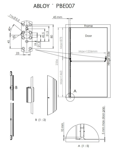 PBE007 Abloy push bar for passiv dør Rustfrit stål, højre/Venstre (Vendbar)
