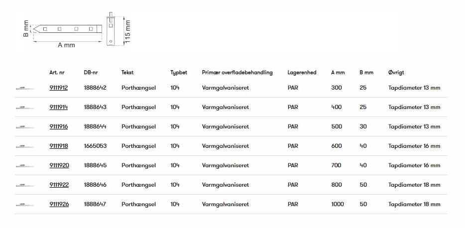 PORTHÆNGSEL 400MM INKL. STABEL VMZ.