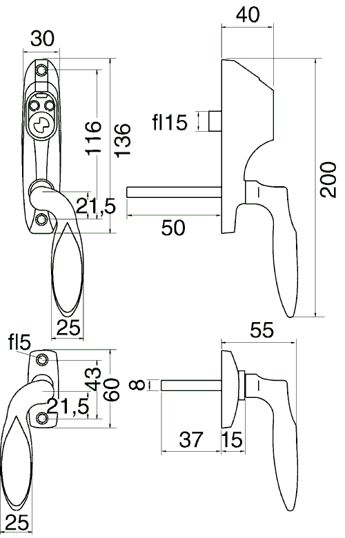 7912 Patio dørhåndtak med håndtak på utsiden UTEN SILINDER