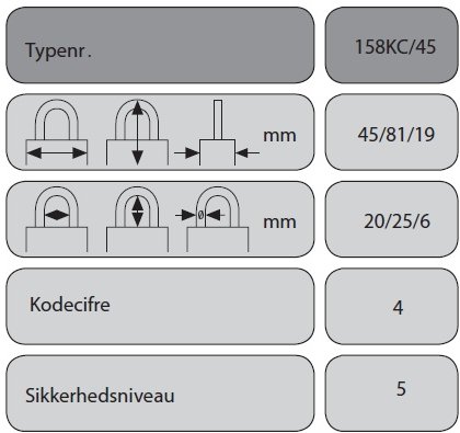 Hengelås 158KC / 45 Kode med mulighet for hovednøkkel