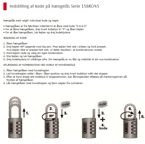 Hengelås 158KC / 45 Kode med mulighet for hovednøkkel