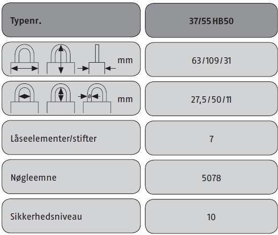 Hänglås 37/55 Granit höghängare 50 mm