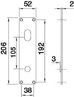 Langt skilt med hull for dørhåndtak og sylinder 52x206x2mm