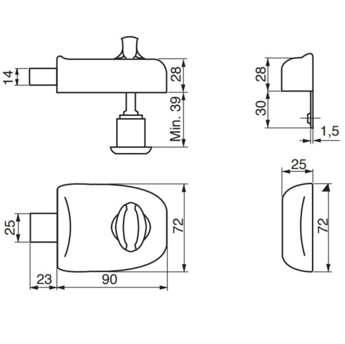 RB2622 Kastenschloss mit Zylinder und Endplatte, schwarz mit glänzendem Chromzylinder